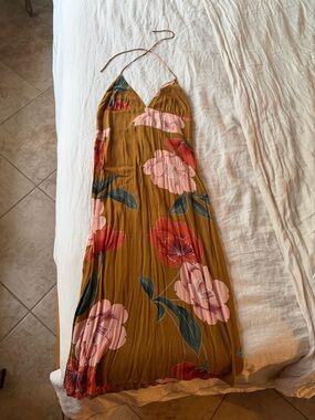 O'Neill Light Brown Floral Halter Maxi Dress with Pink and Red Blooms